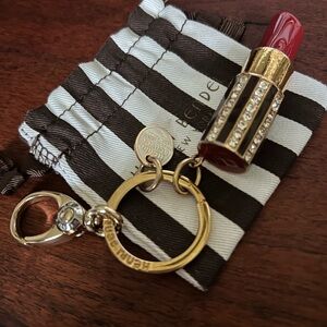 Iconic Henri Bendel Red Lipstick Bag Charm Keyring with Stripe Crystal Accents